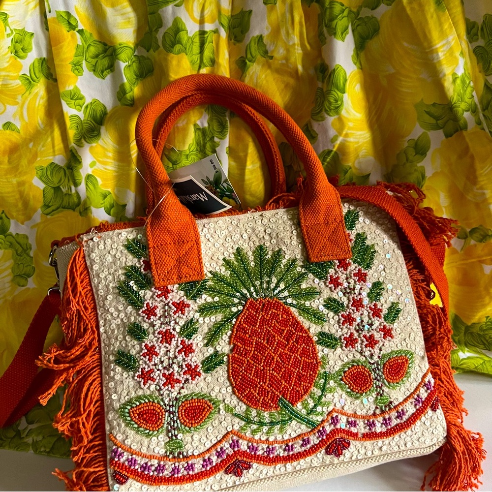 Viral Beaded Cream & Orange Pineapple Tote Bag w/ Fringe